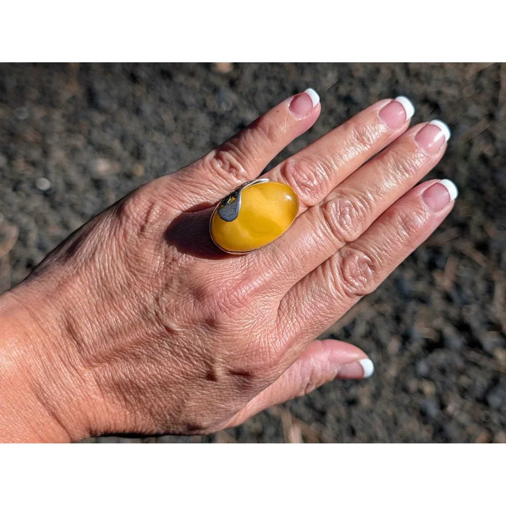 Handmade .925 Sterling Silver Baltic Butterscotch‎ Amber Ring Semi Adjustable